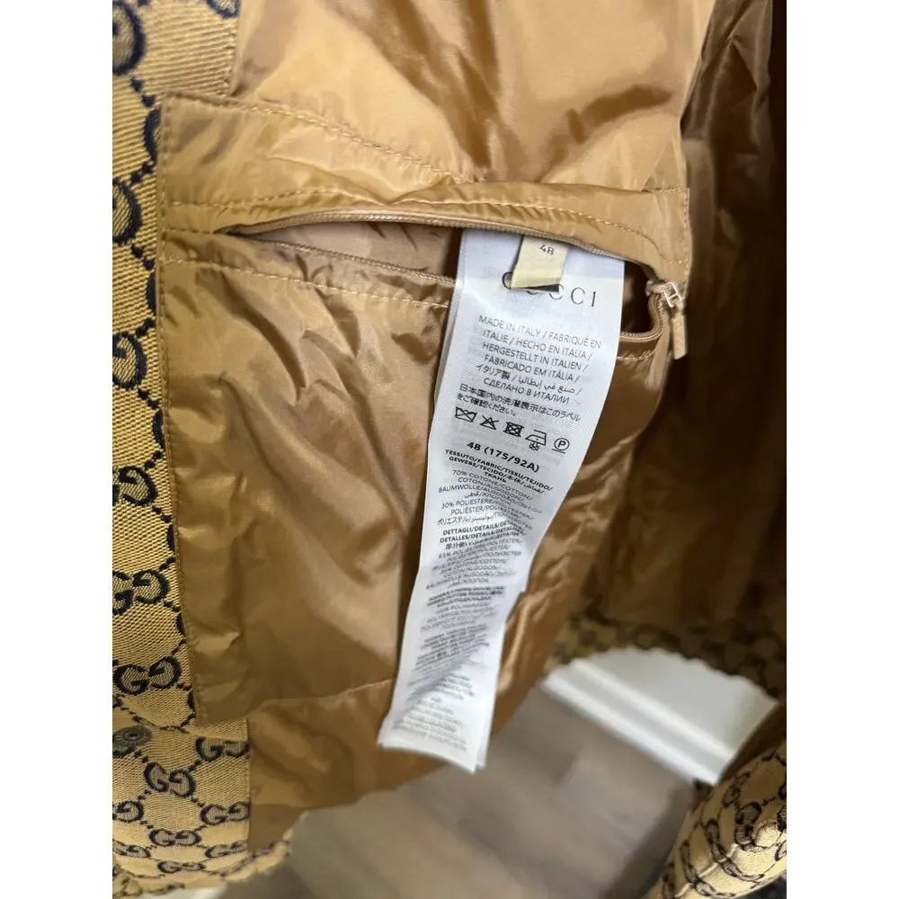 Gucci GG Monogram Down Jacket Navy Beige NWT Size 48 Medium Hooded Puffer
